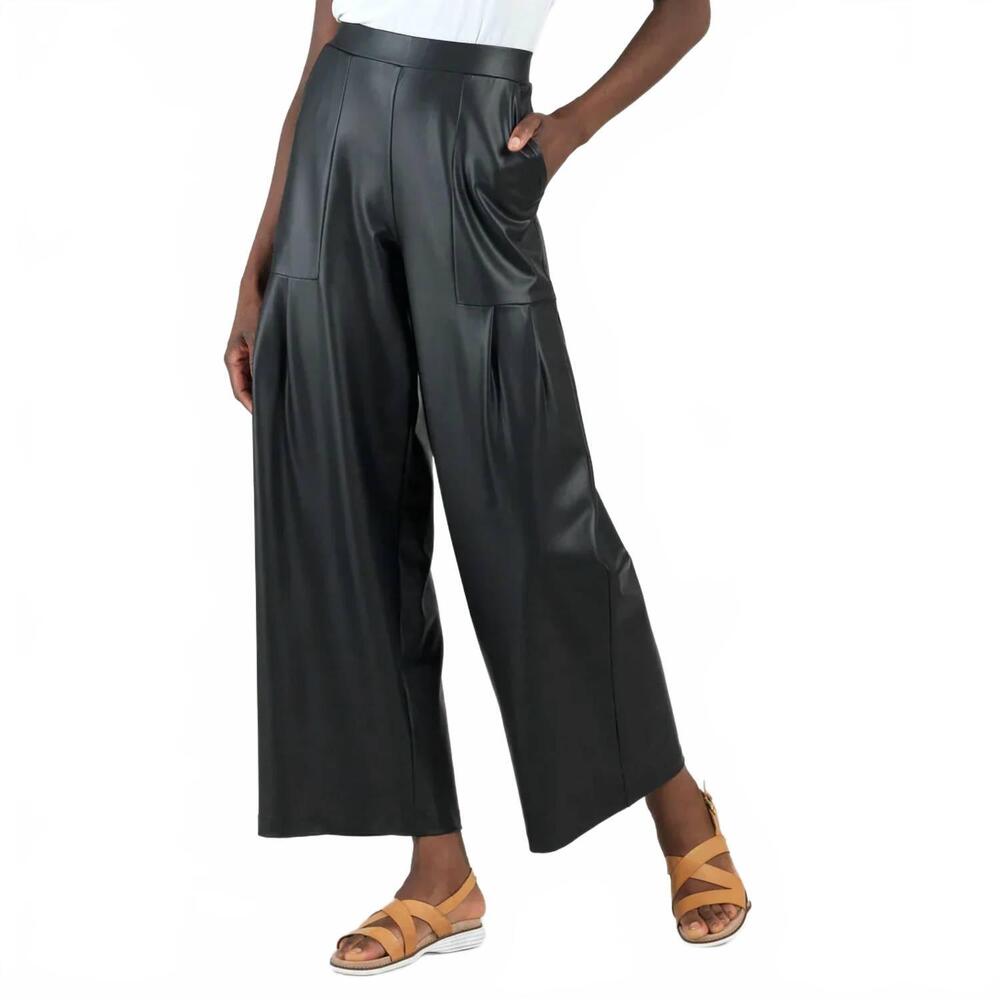 NEW CLARA SUNWOO liquid leather sheen pleated wide leg pocket pant in black